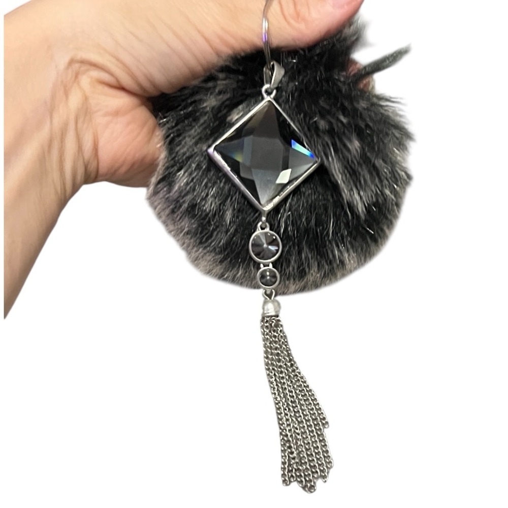 New upcycled Pom Pom faux fur Keychain charm with Rhinestone pendant removable